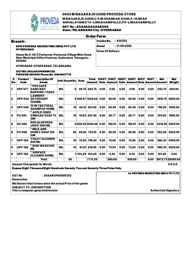 Invoice for Proveda Marketing Products | PDF