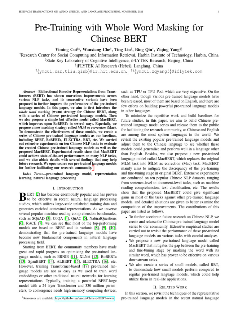 Whole Word Masking for Chinese BERT | PDF | Learning | Machine Learning