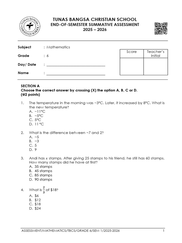 Grade 6 Mathematics Assessment 2025-2026 | PDF