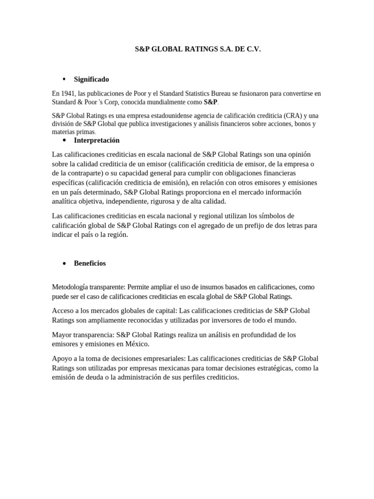Calificaciones Crediticias de S&P Global | PDF