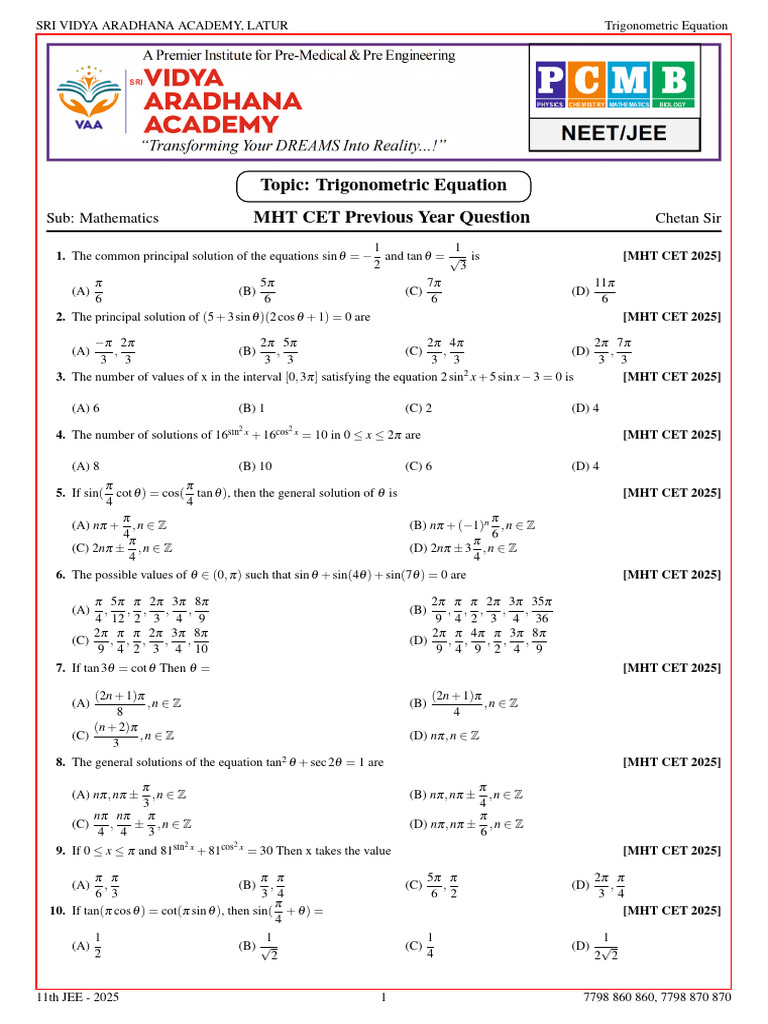 Assignment 01 Trigonometric Equation MHT CET PYQ Math by IISERite | PDF ...