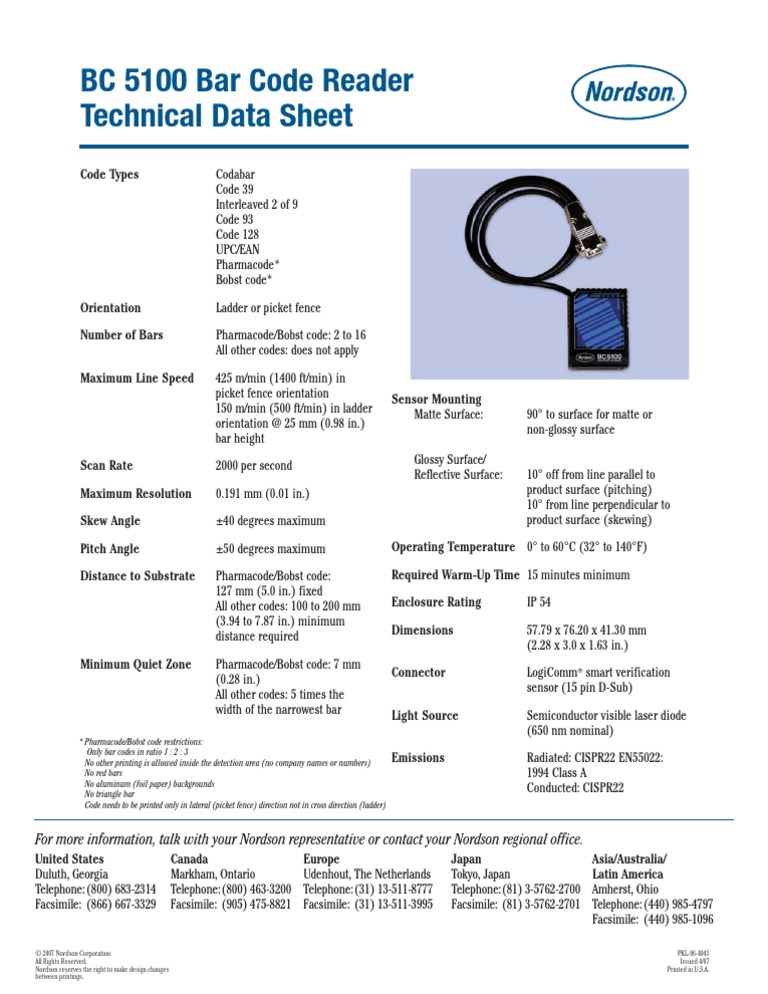 BC 5100 Bar Code Reader Technical Data Sheet | PDF