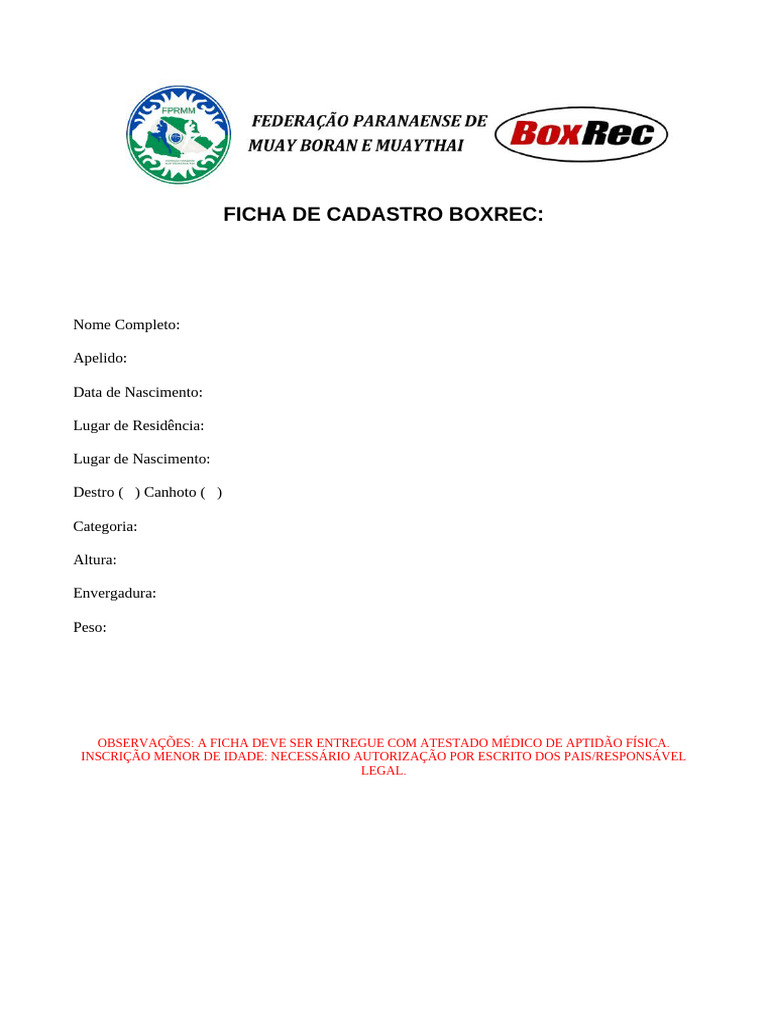 Ficha de Cadastro Boxrec para Atletas | PDF