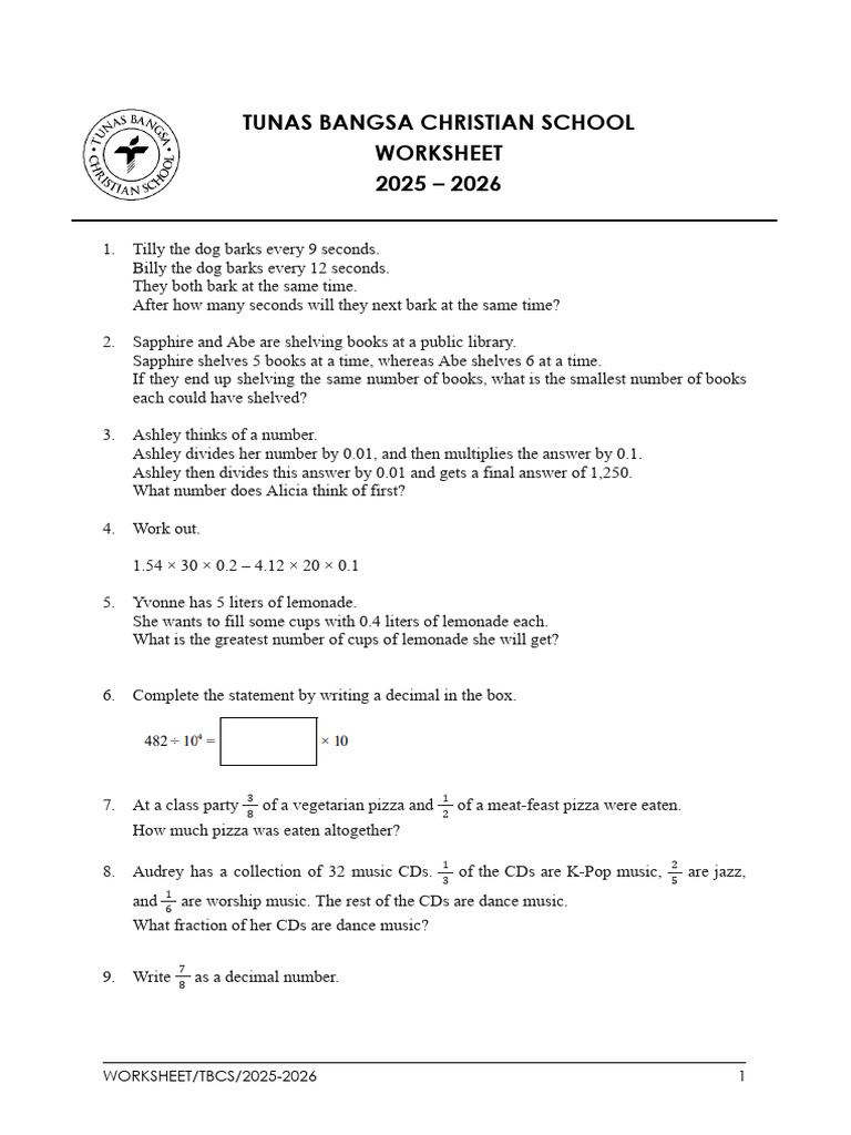 TBCS Math Worksheet 2025-2026 | PDF | Elementary Mathematics | Numbers