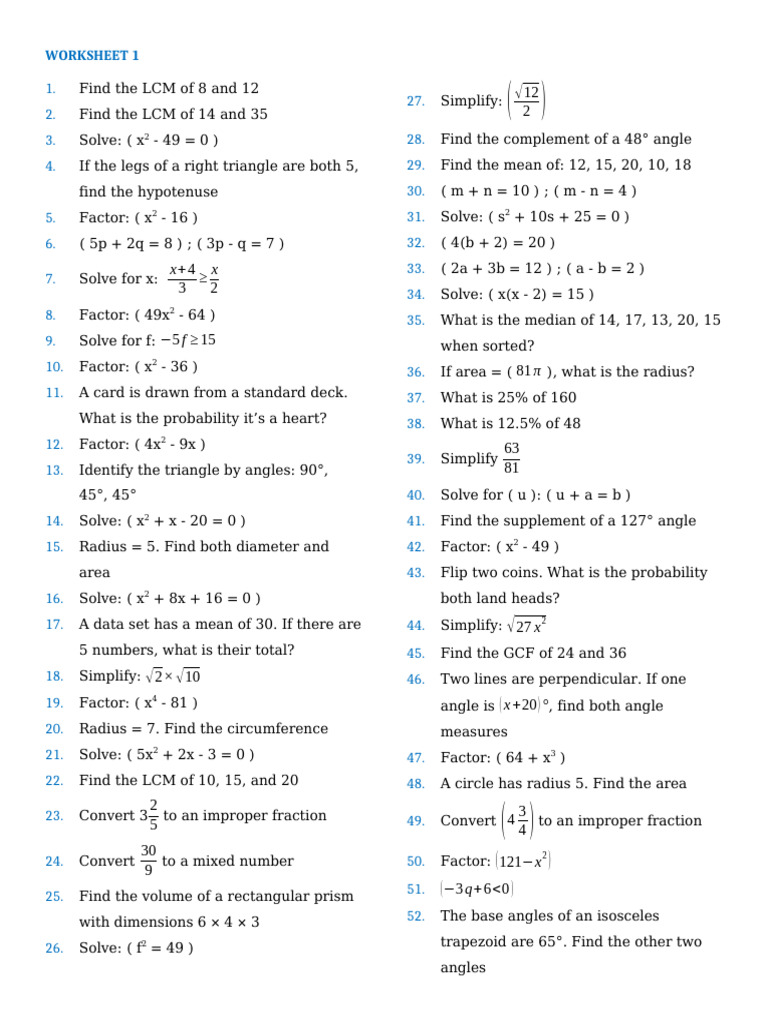 Math Problem Solving Worksheet | PDF | Circle | Area