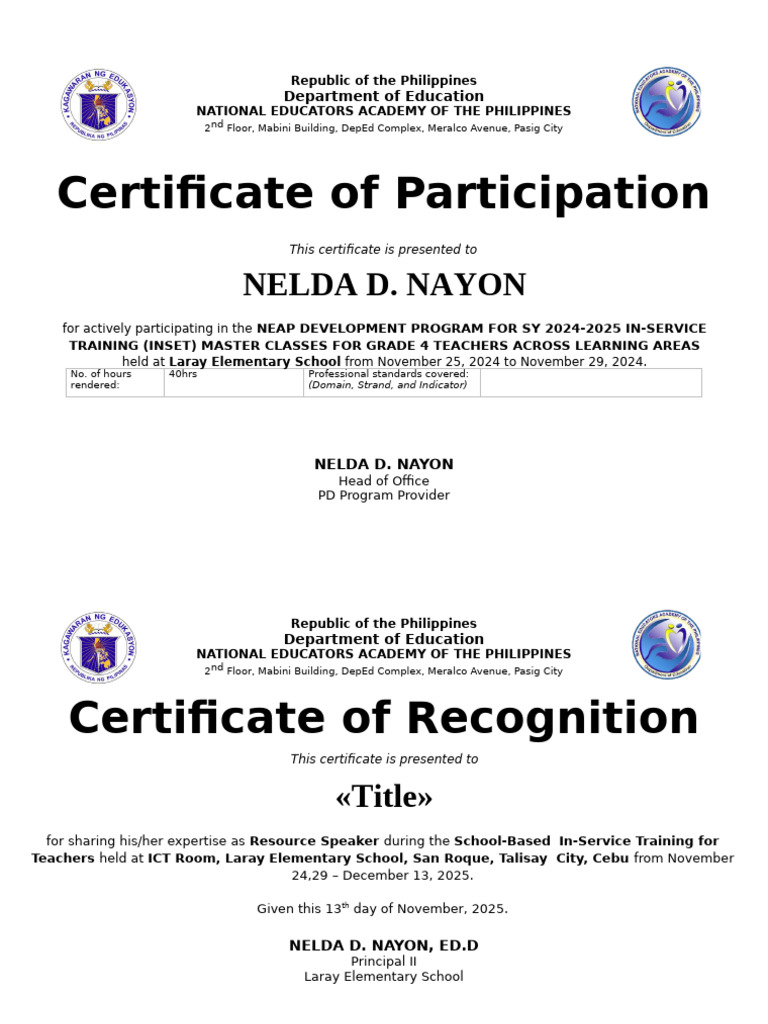 NEAP Training Certificate for Teachers | PDF