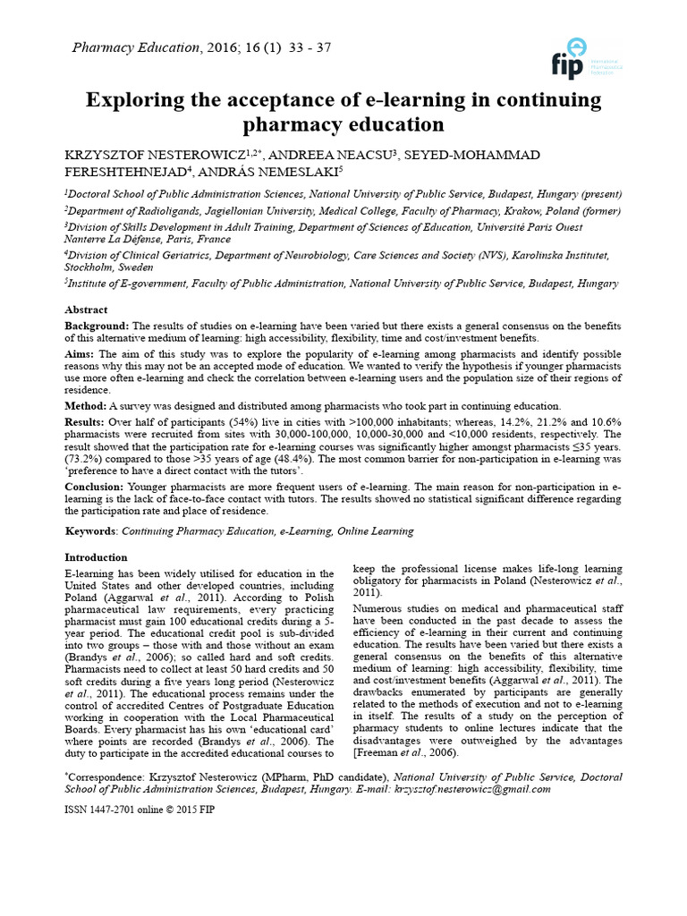 Exploring The Acceptance of E-Learning in Continuing Pharmacy Education ...