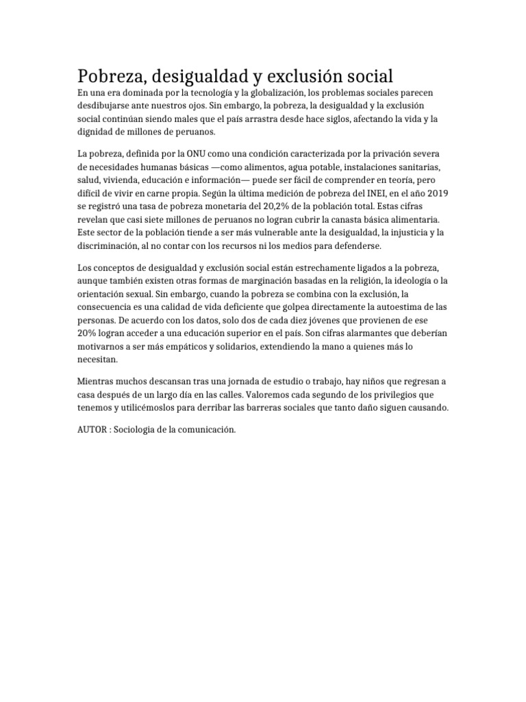 Pobreza y Desigualdad en Perú: Realidad Social | PDF