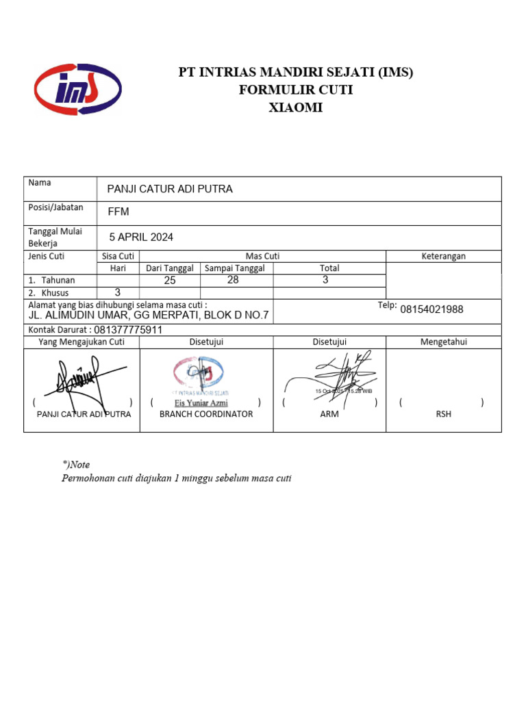 Cuti FFM - Panji Catur Adi Putra | PDF