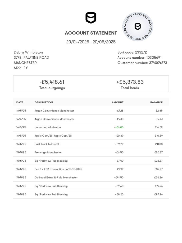 Debra Wimbleton Account Statement 2025 | PDF | Fee | Financial Services