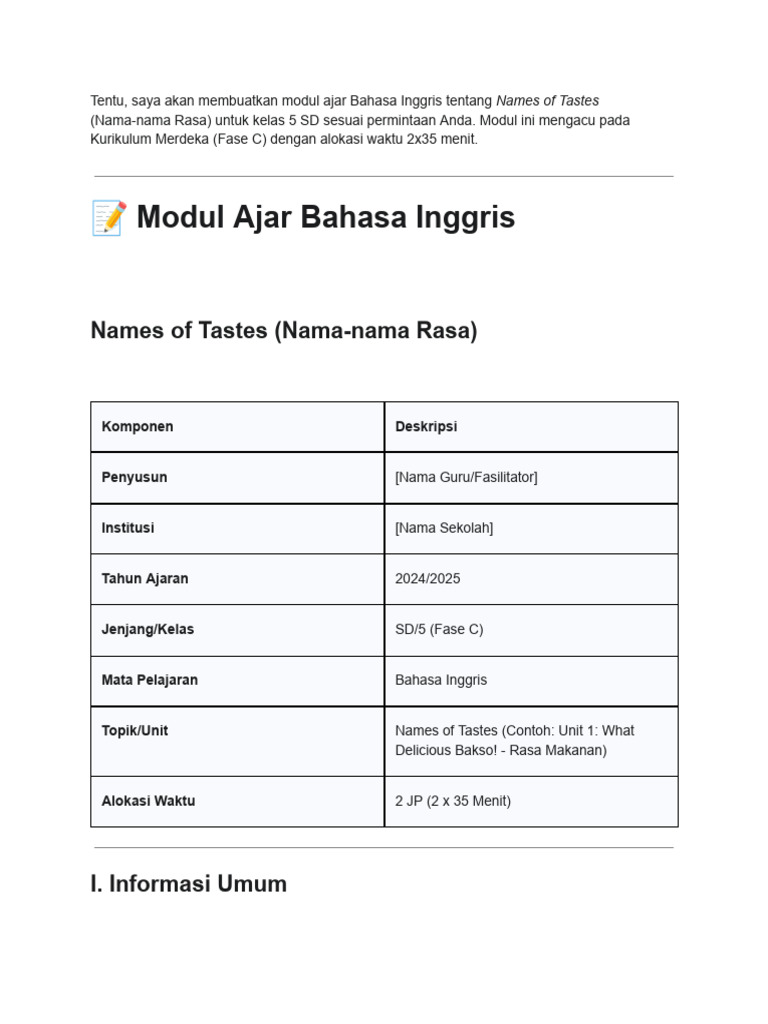 Modul Ajar Rasa dalam Bahasa Inggris SD | PDF