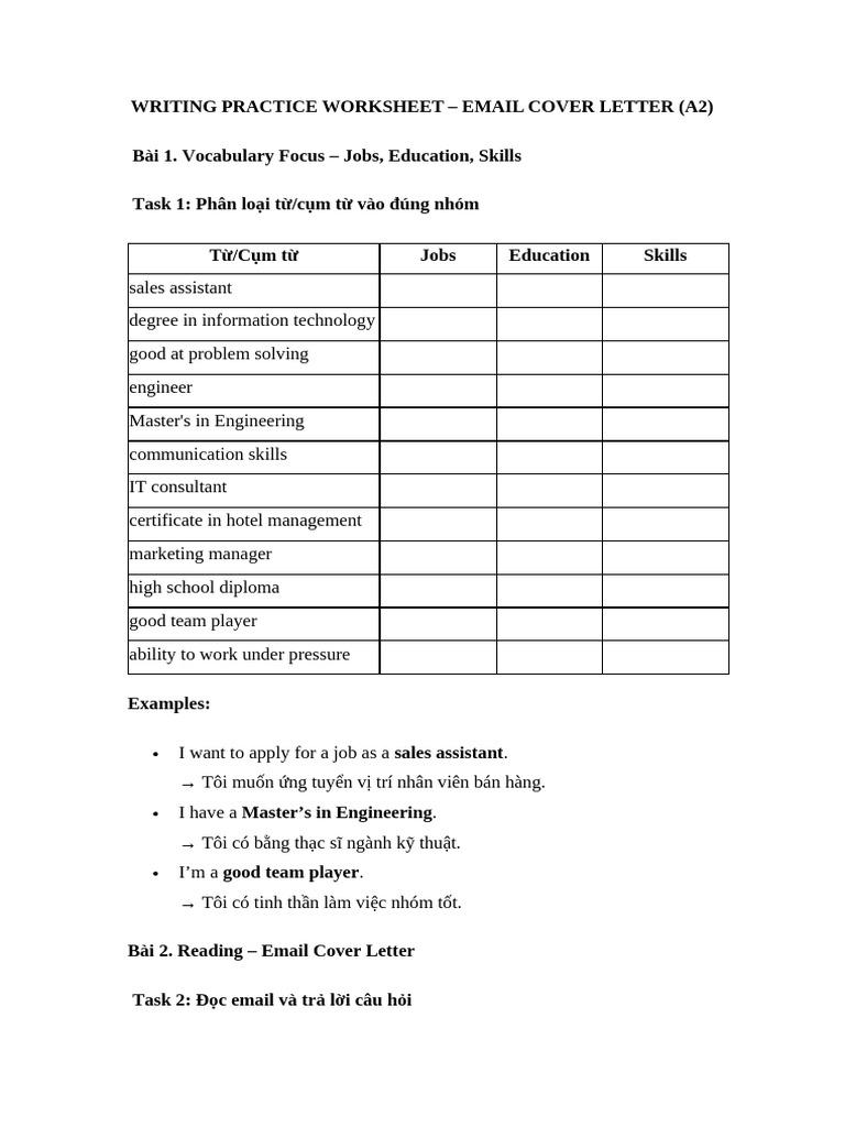 Writing Practice Worksheet - Email Cover Letter | PDF