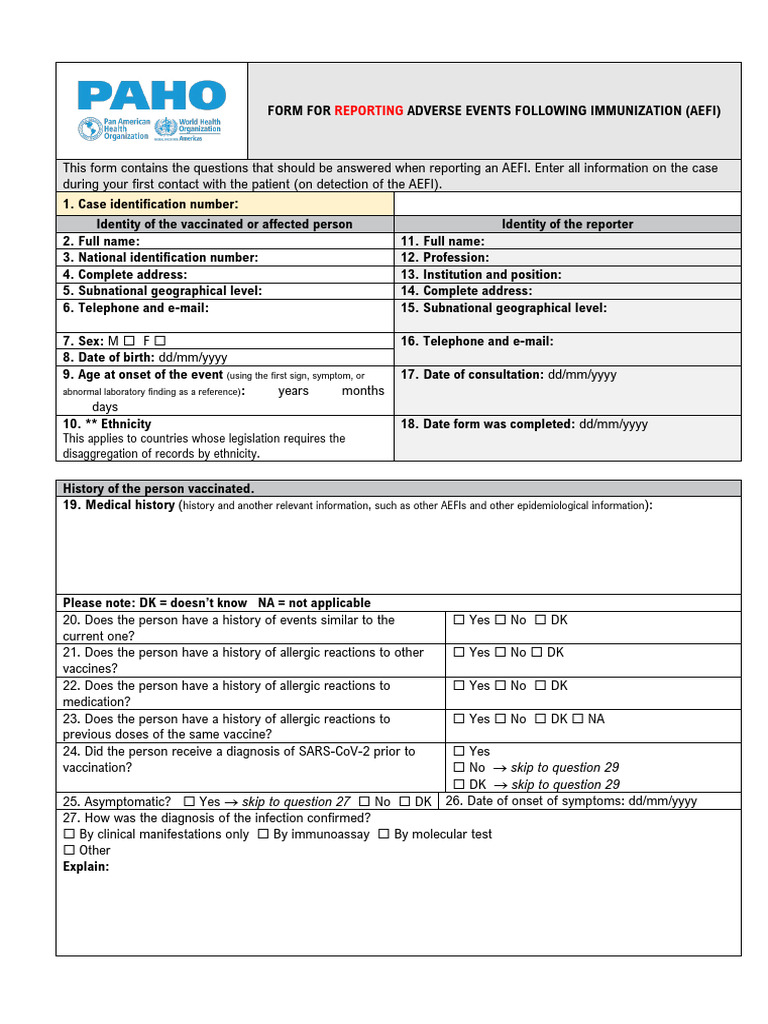 AEFI Reporting Form for Vaccinations | PDF | Pregnancy | Health Sciences
