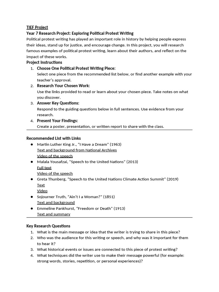 Year 7 Political Protest Writing Project | PDF
