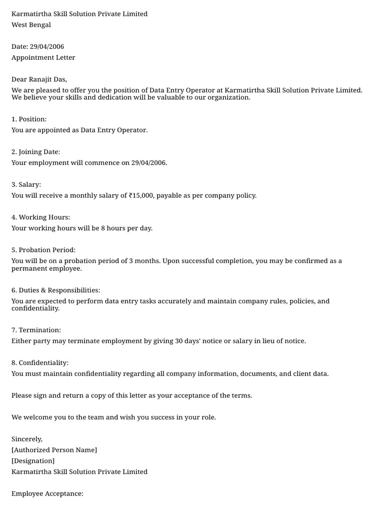 Data Entry Operator Appointment Letter | PDF