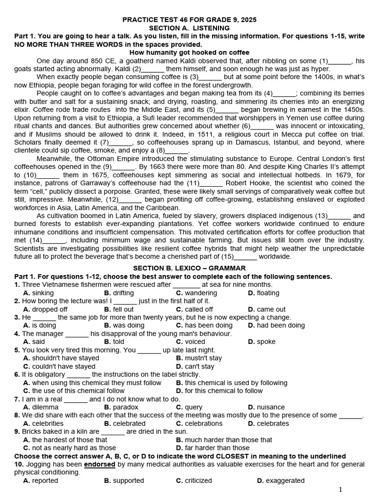 Practice Test 46 For Grade 9, 2025 | PDF | Coffee | Black Pepper