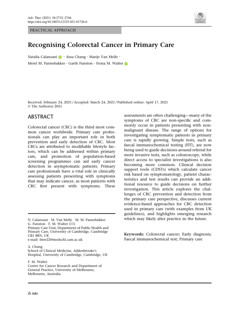 Colorectal Cancer Detection in Primary Care | PDF | Colorectal Cancer ...