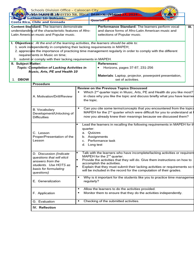 MAPEH 10 Activities Completion Guide | PDF | Cognitive Science | Human ...