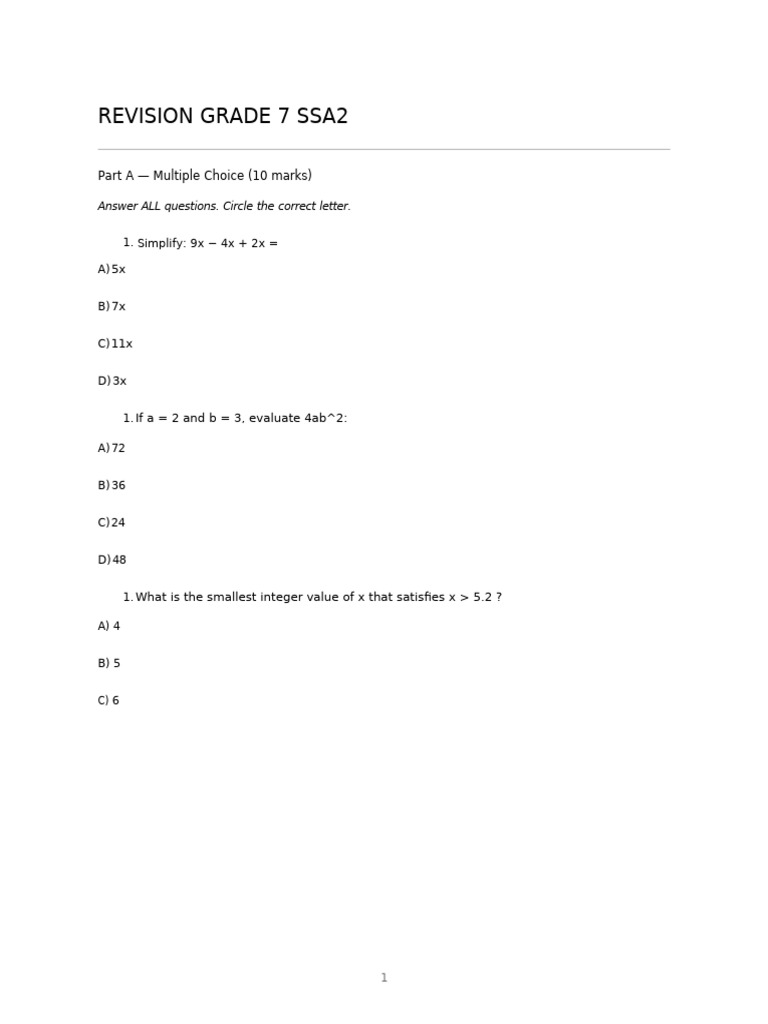 Grade 7 Math Revision Questions | PDF