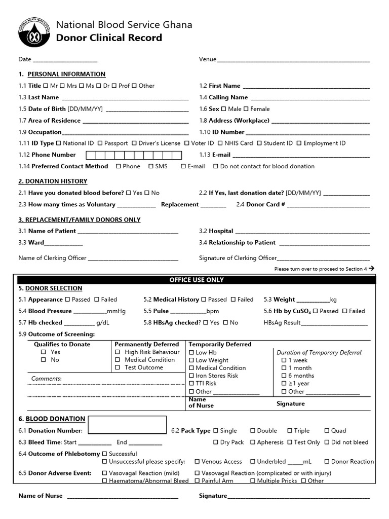 Blood Donation Record Form Ghana | PDF | Blood Donation | Medical ...