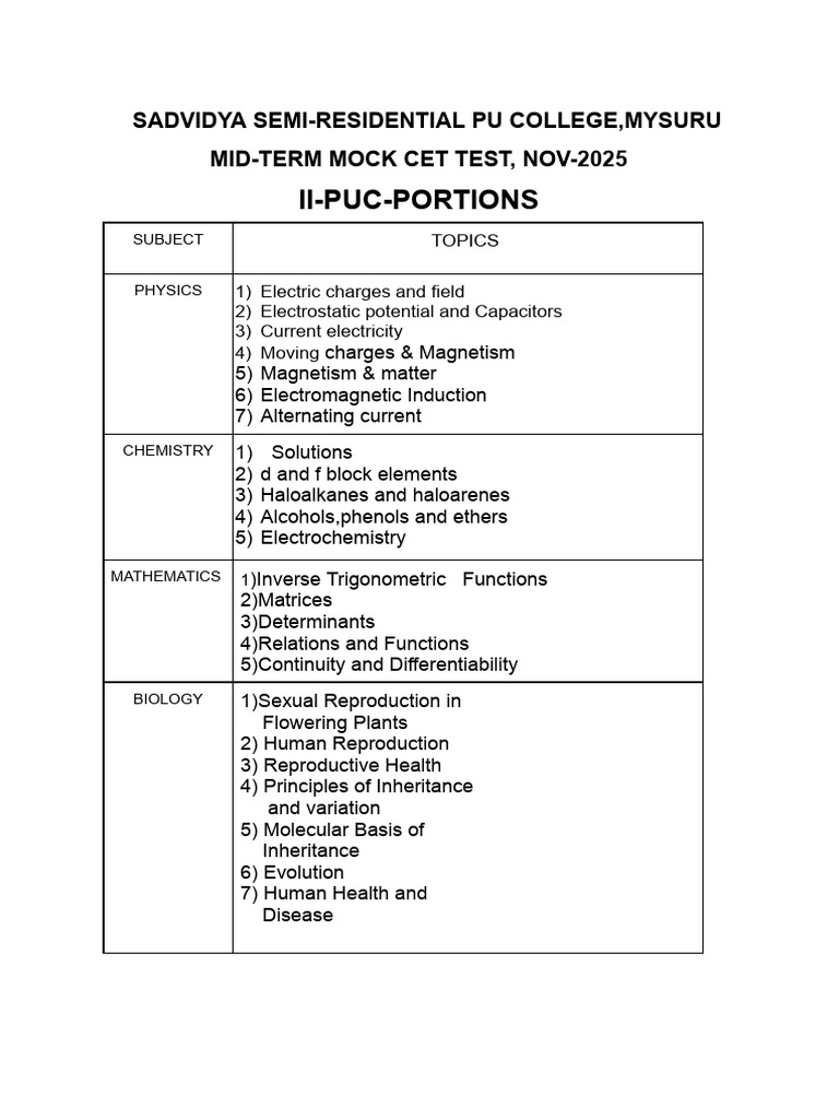Mid-Term Mock CET Test II PUC Topics | PDF