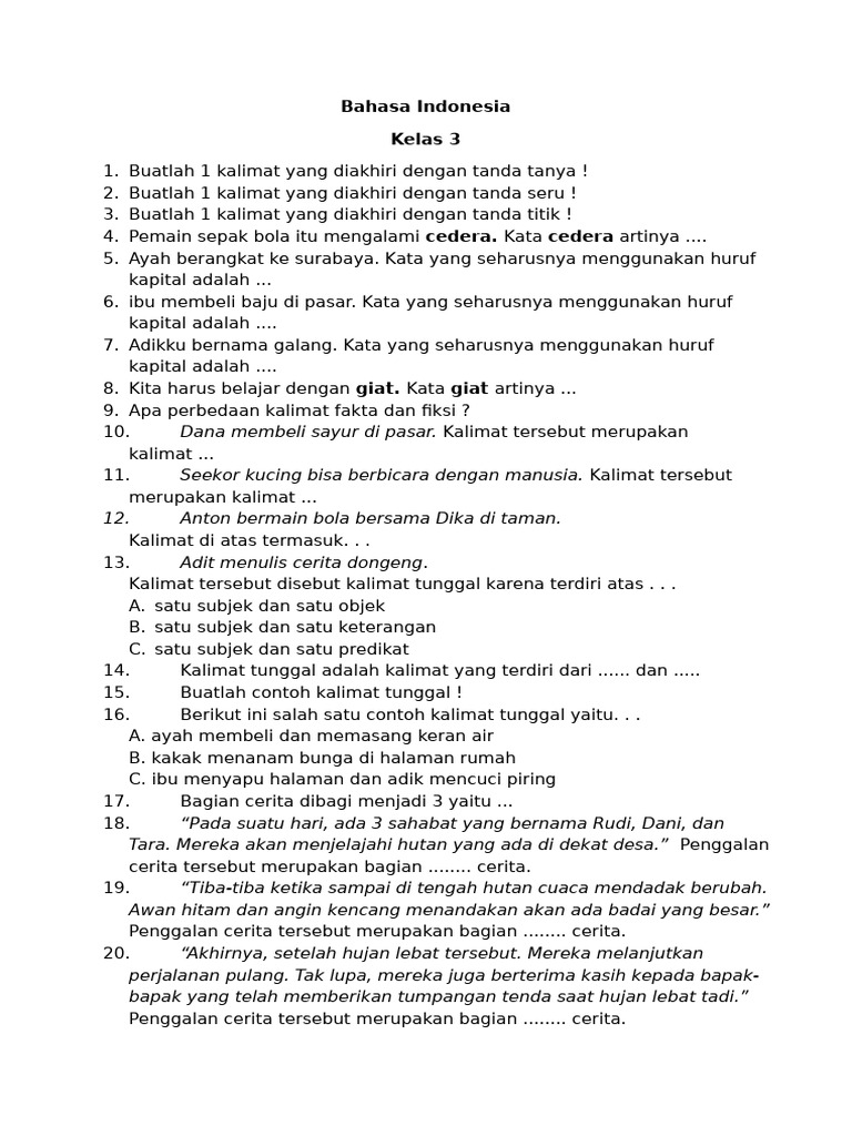 Latihan Bahasa Indonesia Kelas 3 | PDF