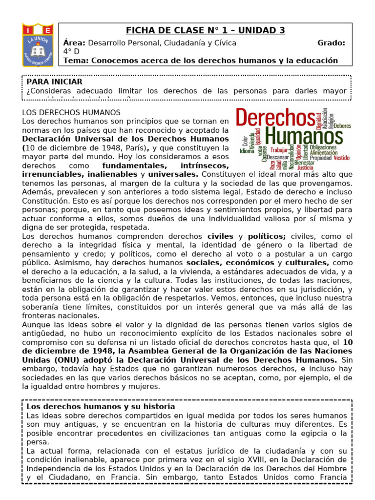Ficha de Clase 1 - Unidad 3 - DPCC 4° D - 2025 - Los Derechos Humanos ...