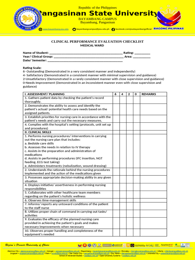 Clinical Performance Evaluation Checklist | PDF | Nursing | Social Programs