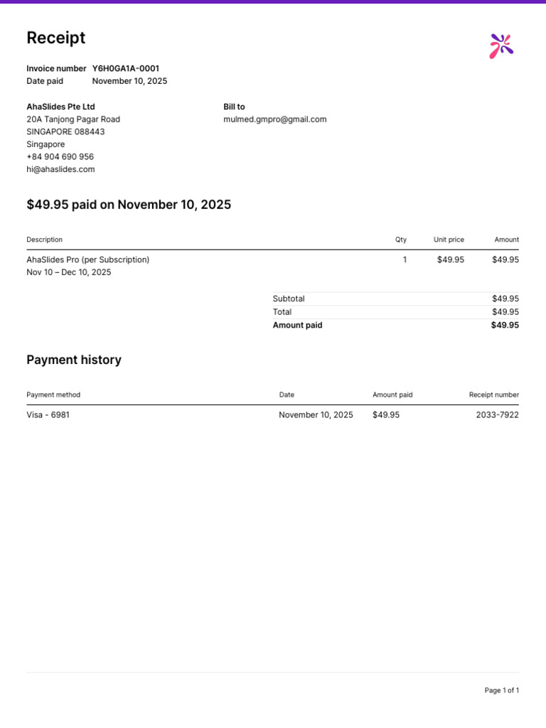AhaSlides Pro Subscription Receipt | PDF