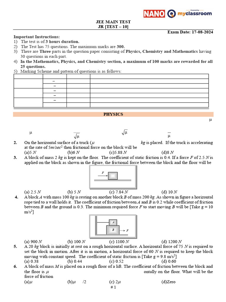 JEE Main Test 2024: Physics, Chemistry, Math | PDF | Force | Friction