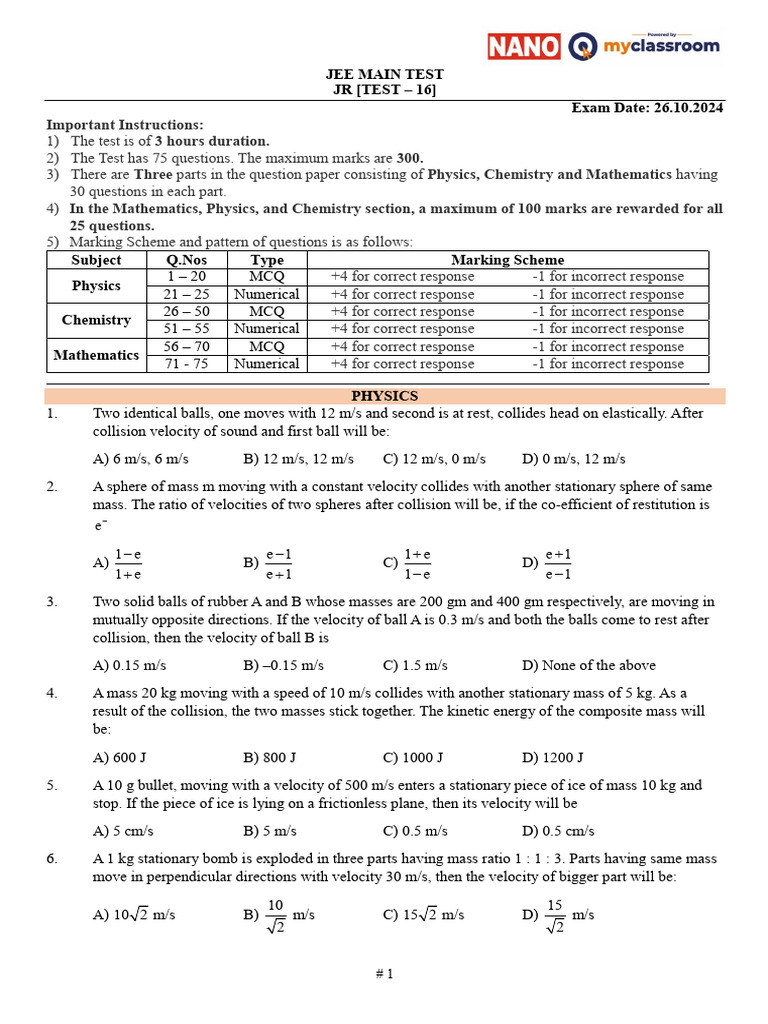 JR Mains Test - 16 26!10!2024 With Solutions | PDF | Collision ...