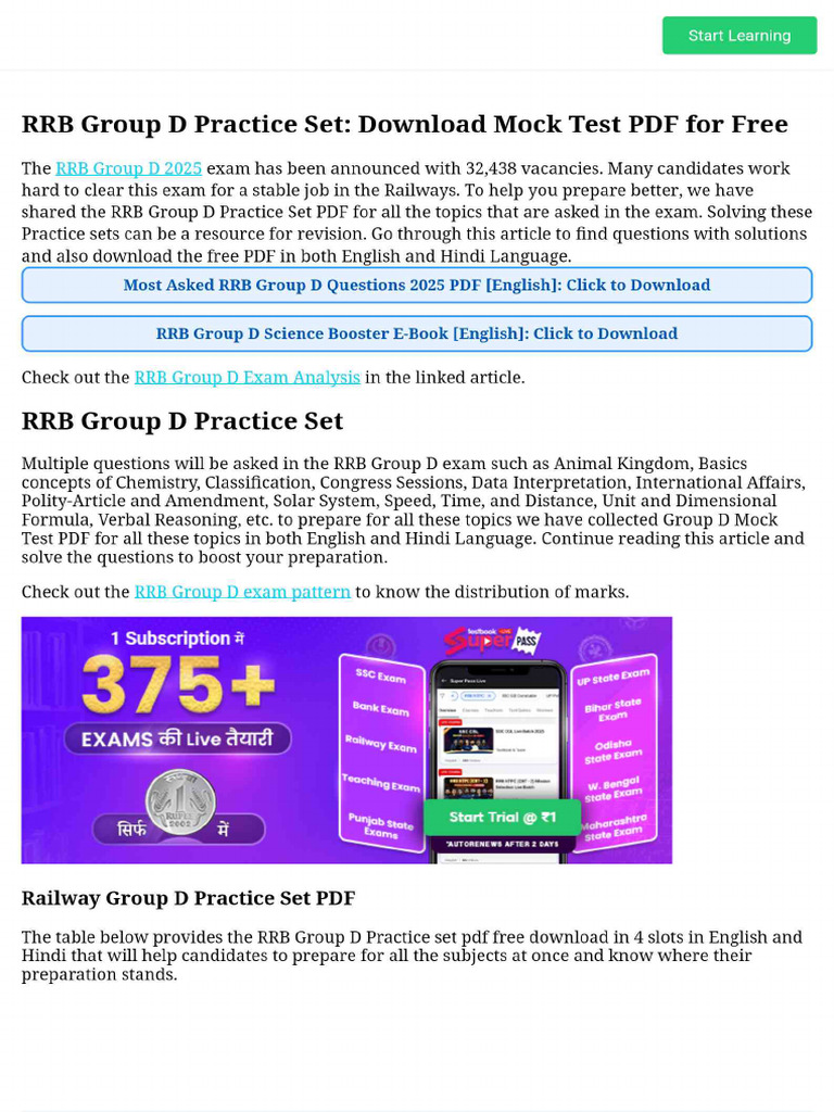 RRB Group D Practice Set - Download Mock Test PDF For Free | PDF