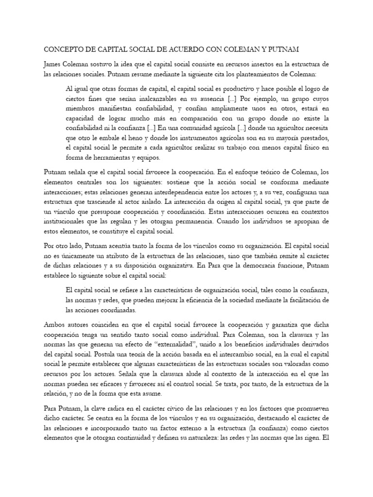 Capital Social Coleman y Putman | PDF | Capital social | Capital (economía)