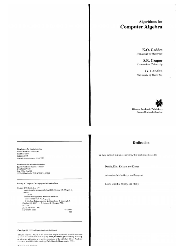 Algorithms For Computer Algebra - Keith O - Geddes, Stephen R - Czapor ...