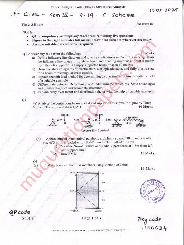 Be Civil Engineering Semester 4 2025 May Structural Analysisrev 2019 C ...