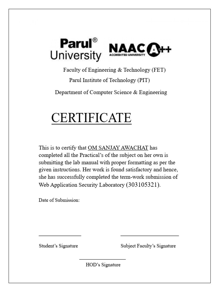 Web Application Security Lab Certificate | PDF
