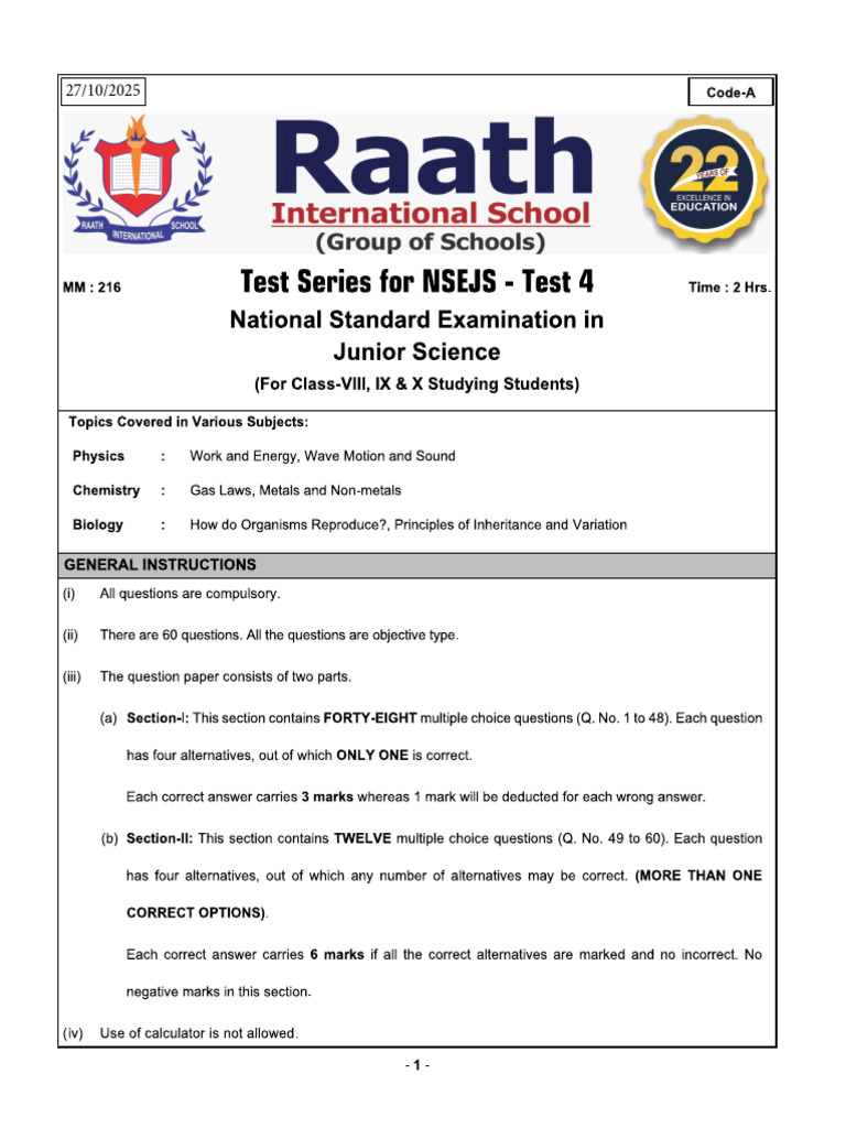 NSEJS Test-4A - Class-VIII, IX & X (27-10-2025) | PDF