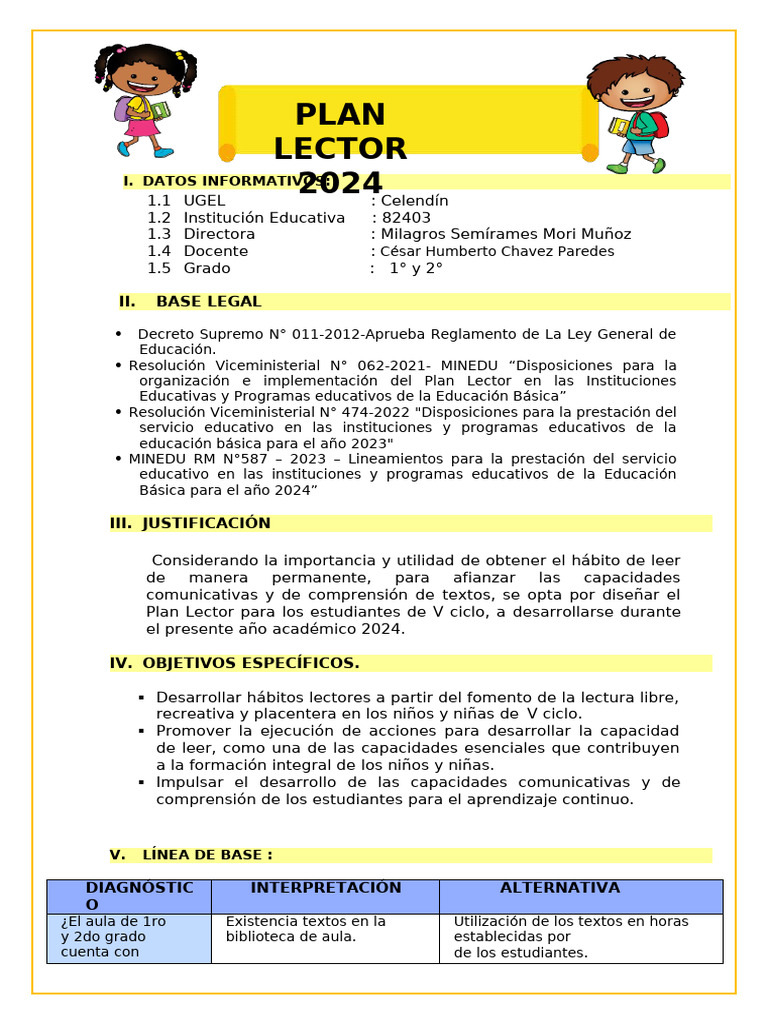 Plan Lector 2024 para 1° y 2° Grado | PDF | Educación primaria | Salón ...