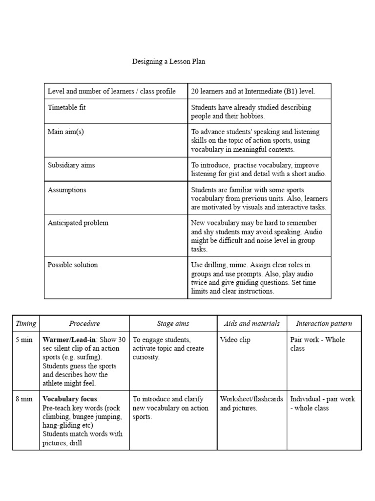 Action Sports Lesson Plan Guide | PDF | Vocabulary | Lesson Plan