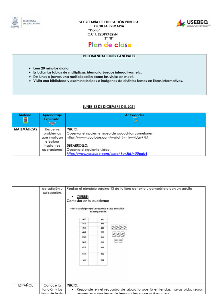 Plan de Clase para 3° "B" de Primaria | PDF