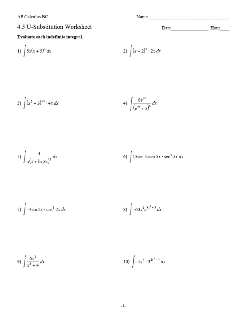 AP Calculus BC U-Substitution Worksheet | PDF | Calculus | Mathematical ...