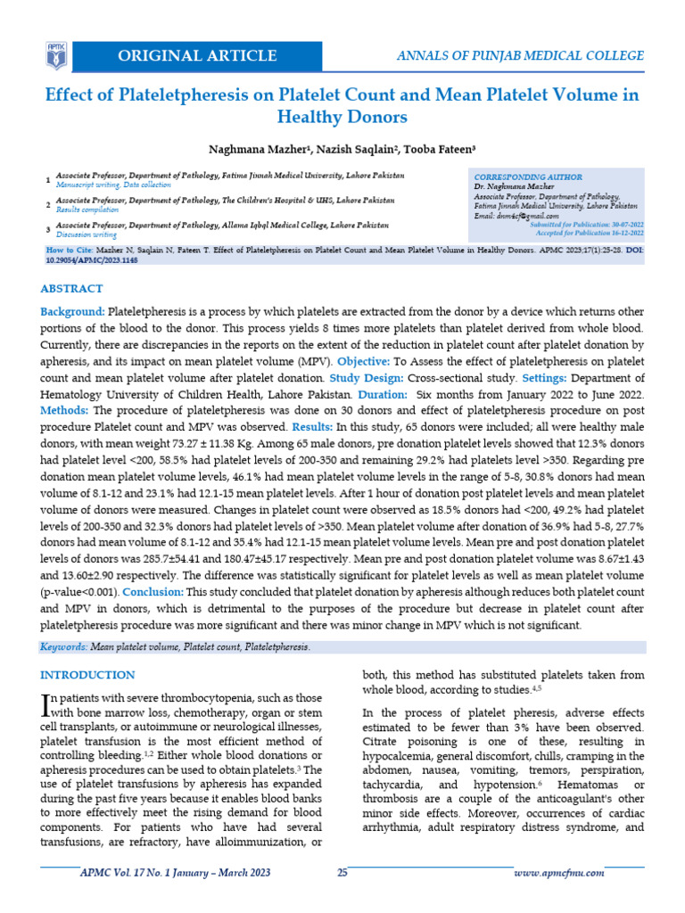 Impact of Plateletpheresis on Donors' Counts | PDF | Platelet | Blood ...