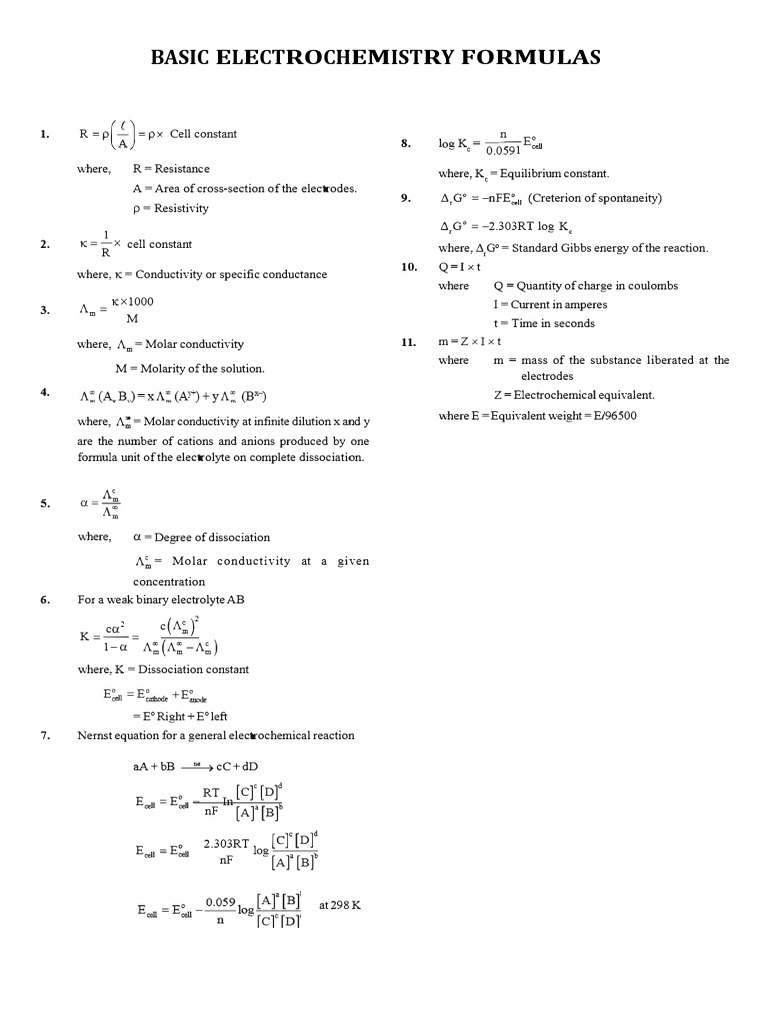Essential Electrochemistry Formulas | PDF | Electrochemistry | Applied ...