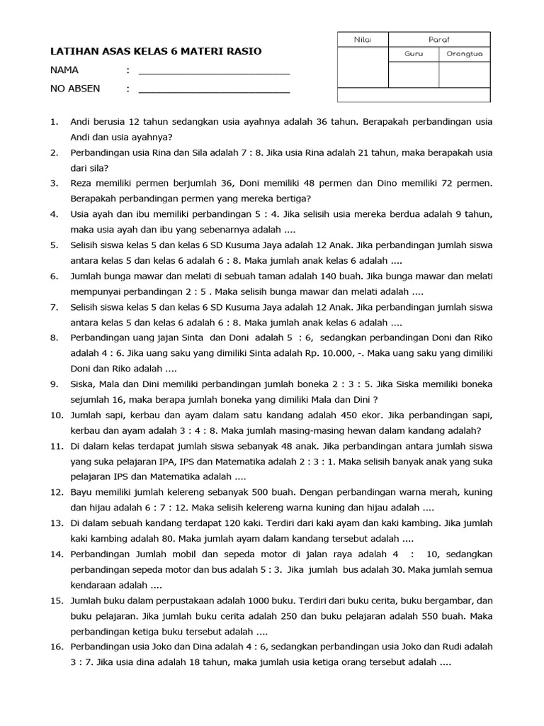 Latihan Rasio untuk Kelas 6 SD | PDF