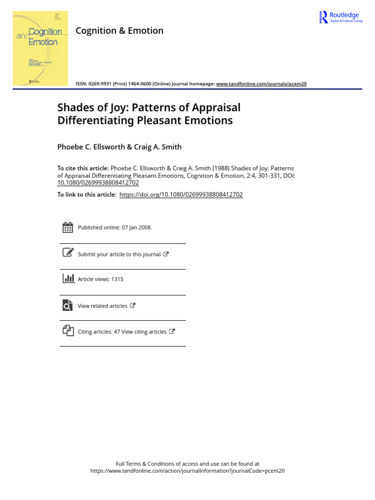 Shades of Joy Patterns of Appraisal Differentiating Pleasant Emotions ...