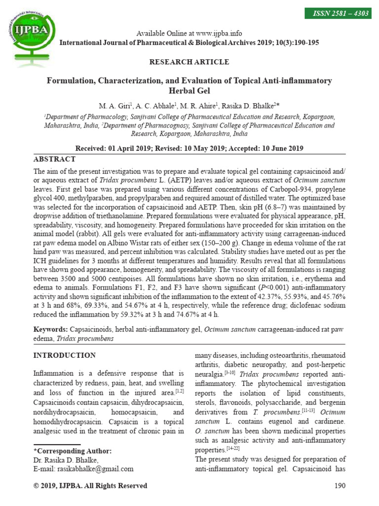 Herbal Anti-inflammatory Gel Formulation | PDF | Topical Medication ...