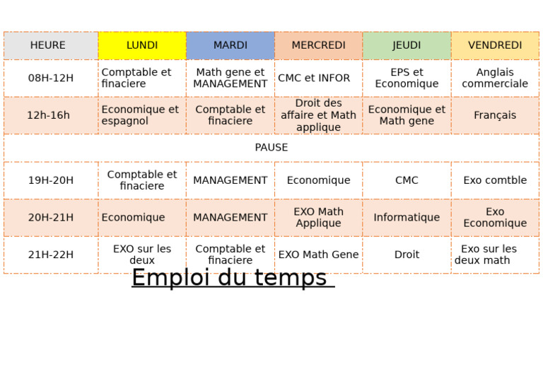 Emploi du temps des cours et exercices | PDF