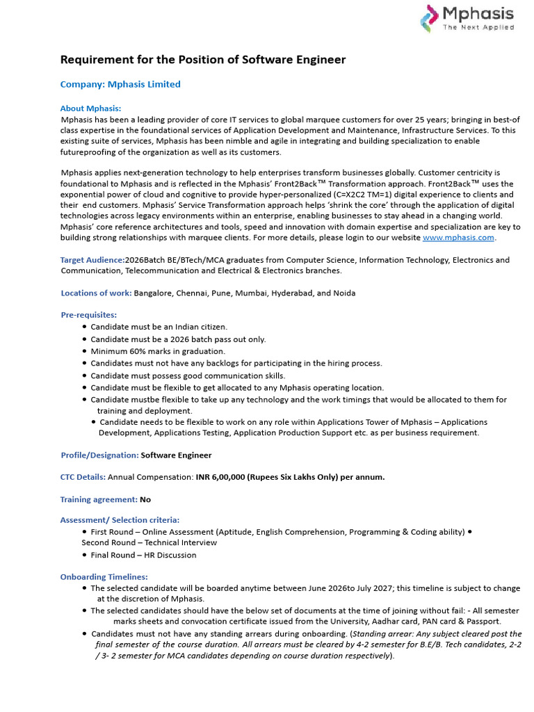 Mphasis Software Engineer Job Requirements | PDF | Information ...