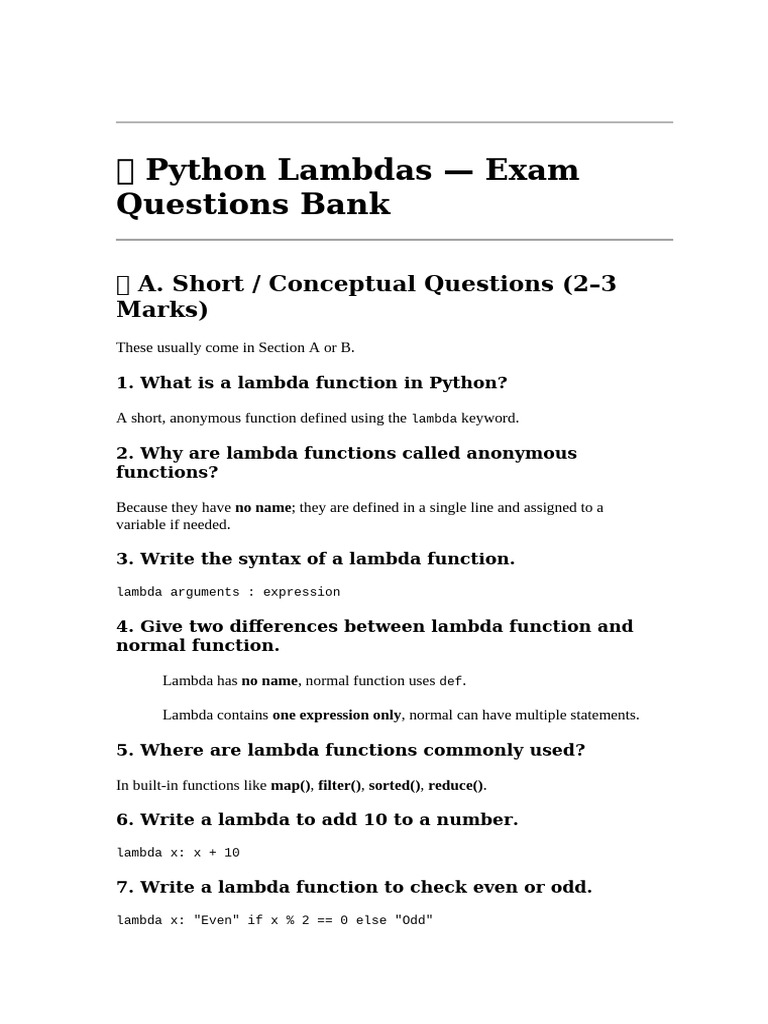 Python Lambda Functions Exam Questions | PDF | Anonymous Function ...