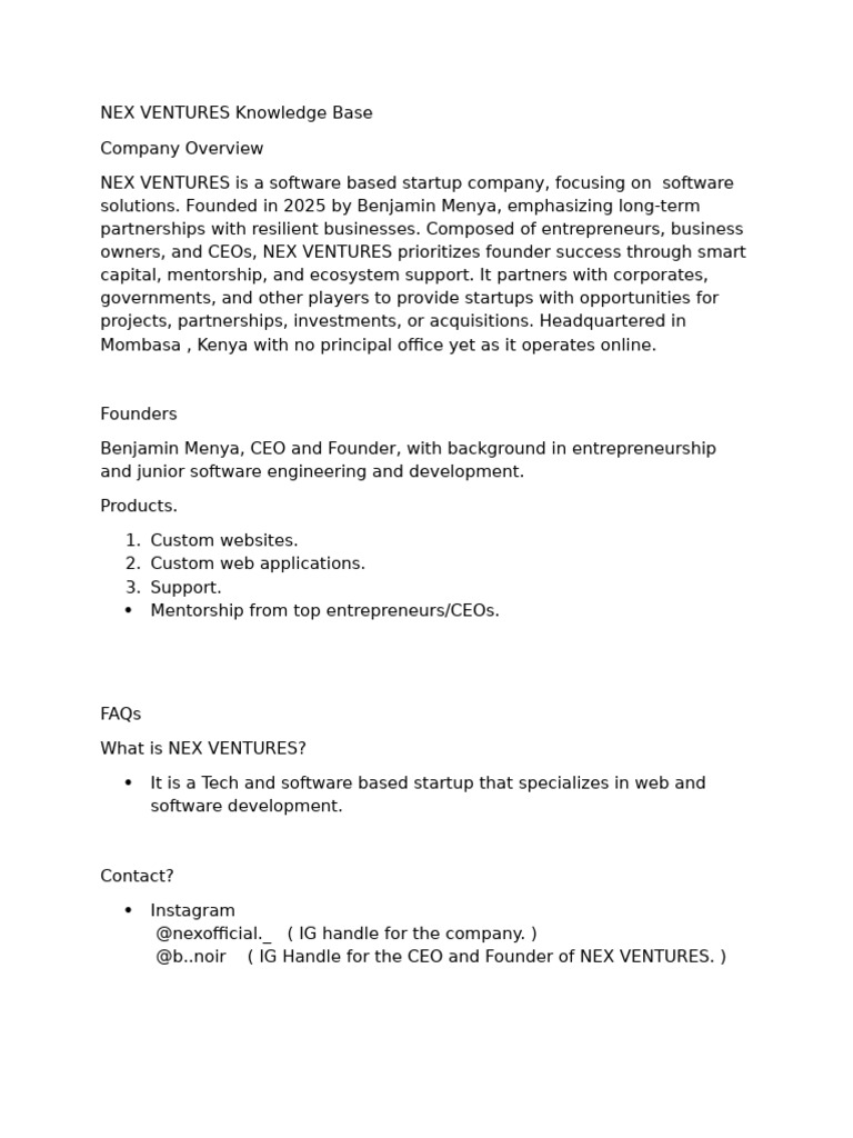 Nex Ventures Knowledge Base | PDF